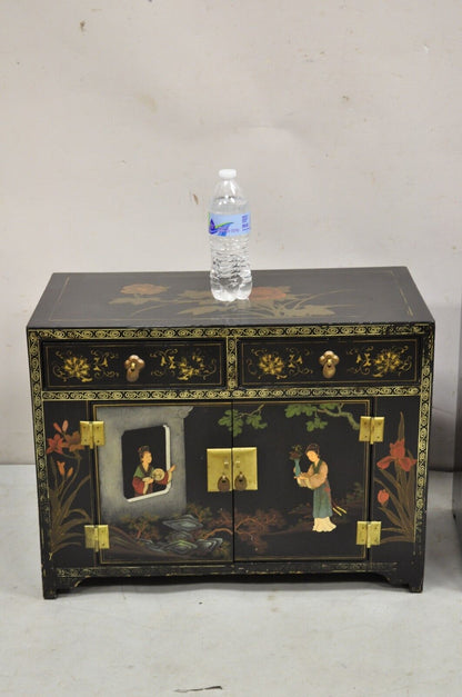 Vintage Chinese Oriental Small Asian Black Lacquer Painted Cabinets -  a Pair