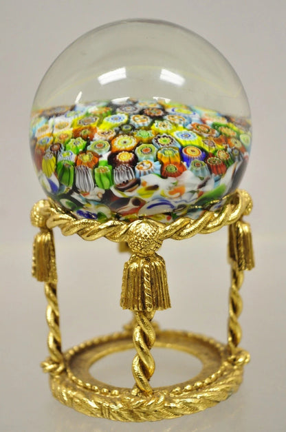 Vintage Art Glass Millefiori Italian Murano Round Sphere Paperweight on Stand