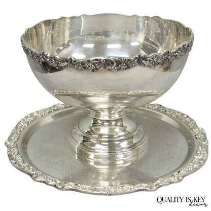 Vintage FB Rogers 5614 Victorian Silver Plated Punchbowl w/ Round Tray, 2 Pc Set