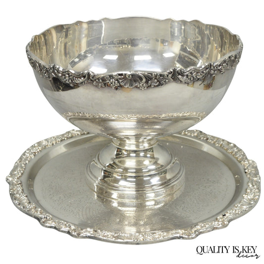 Vintage FB Rogers 5614 Victorian Silver Plated Punchbowl w/ Round Tray, 2 Pc Set