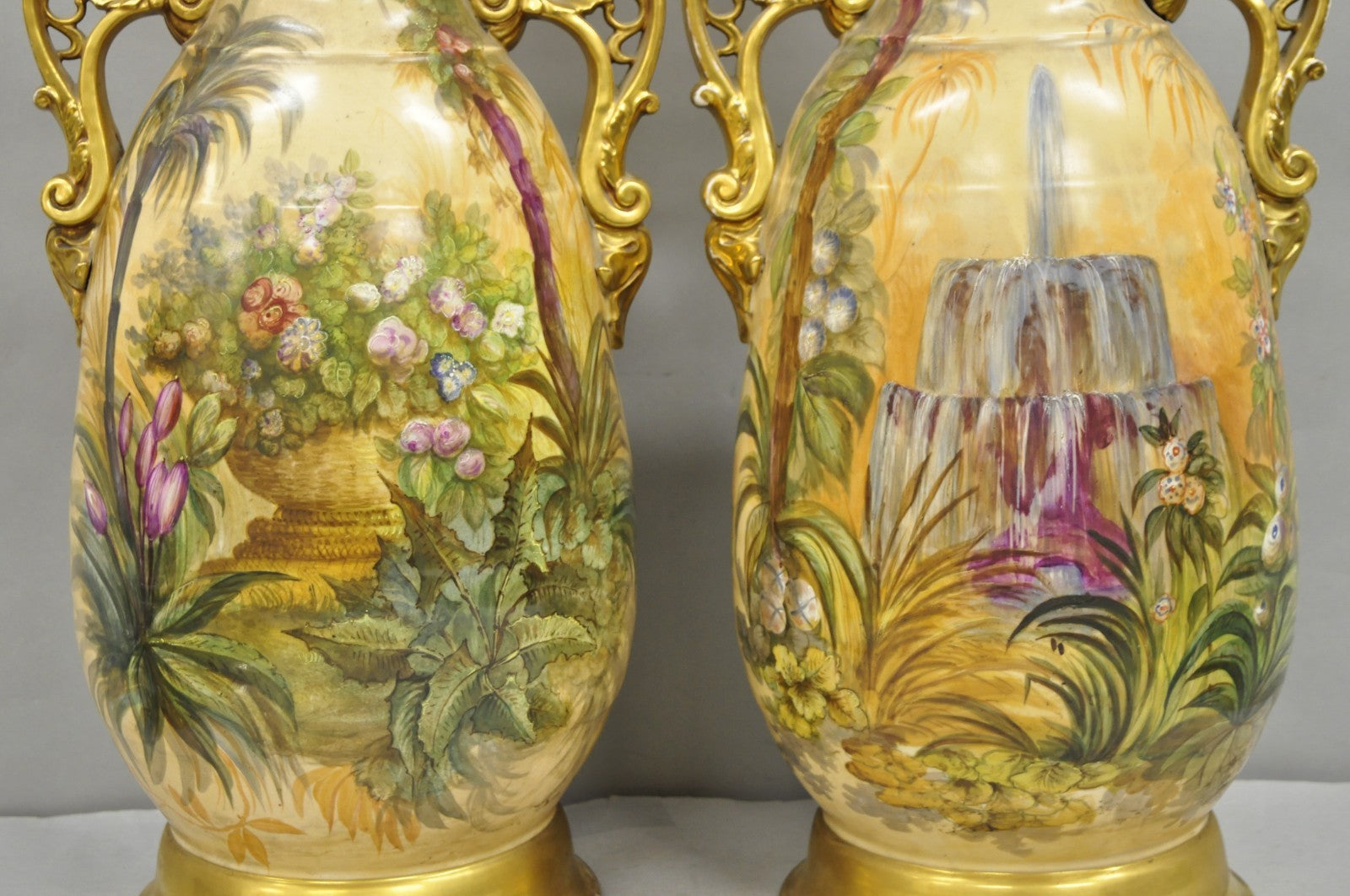 Antique Chinoiserie French Porcelain Hand Painted Orientalist Large Vases - Pair