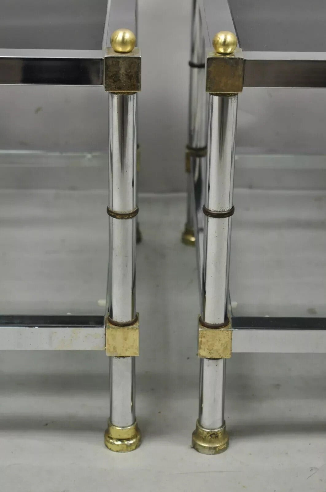 Hollywood Regency Maison Jansen Style Chrome & Brass Square End Tables - a Pair