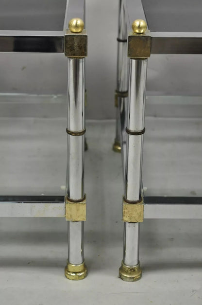 Hollywood Regency Maison Jansen Style Chrome & Brass Square End Tables - a Pair