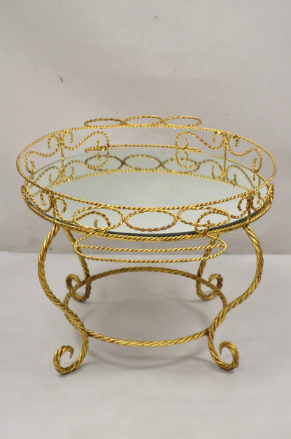 Vintage Italian Hollywood Regency Iron Gold Rope Round Mirror Top Coffee Table