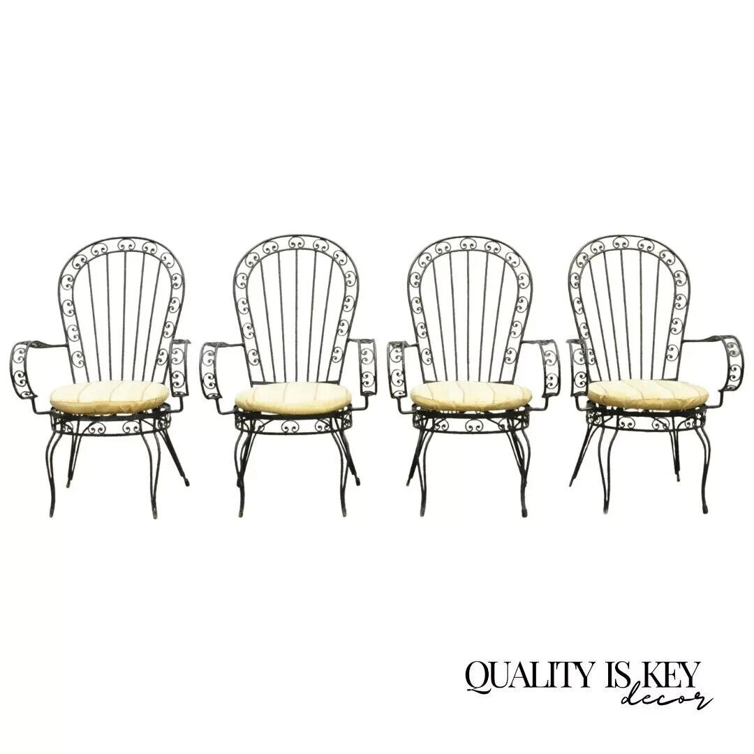 Vintage Italian Regency Wrought Iron Fan Back Sunroom Dining Chairs - Set of 4