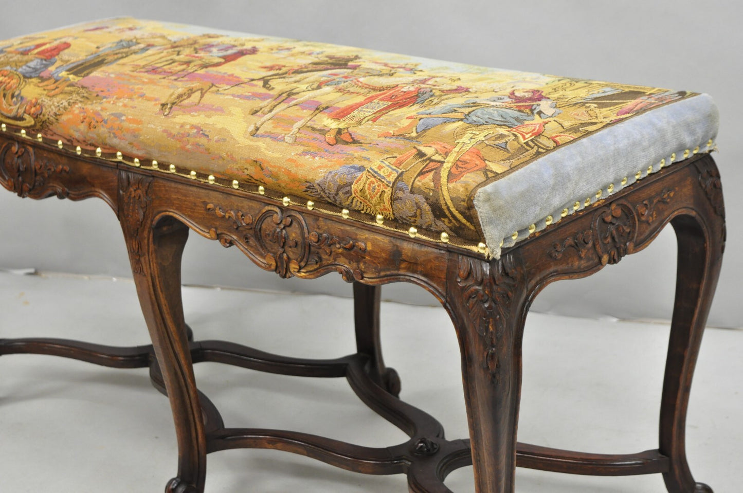 Vintage French Country Louis XV Style Walnut Bench w/ Arabian Market Tapestry