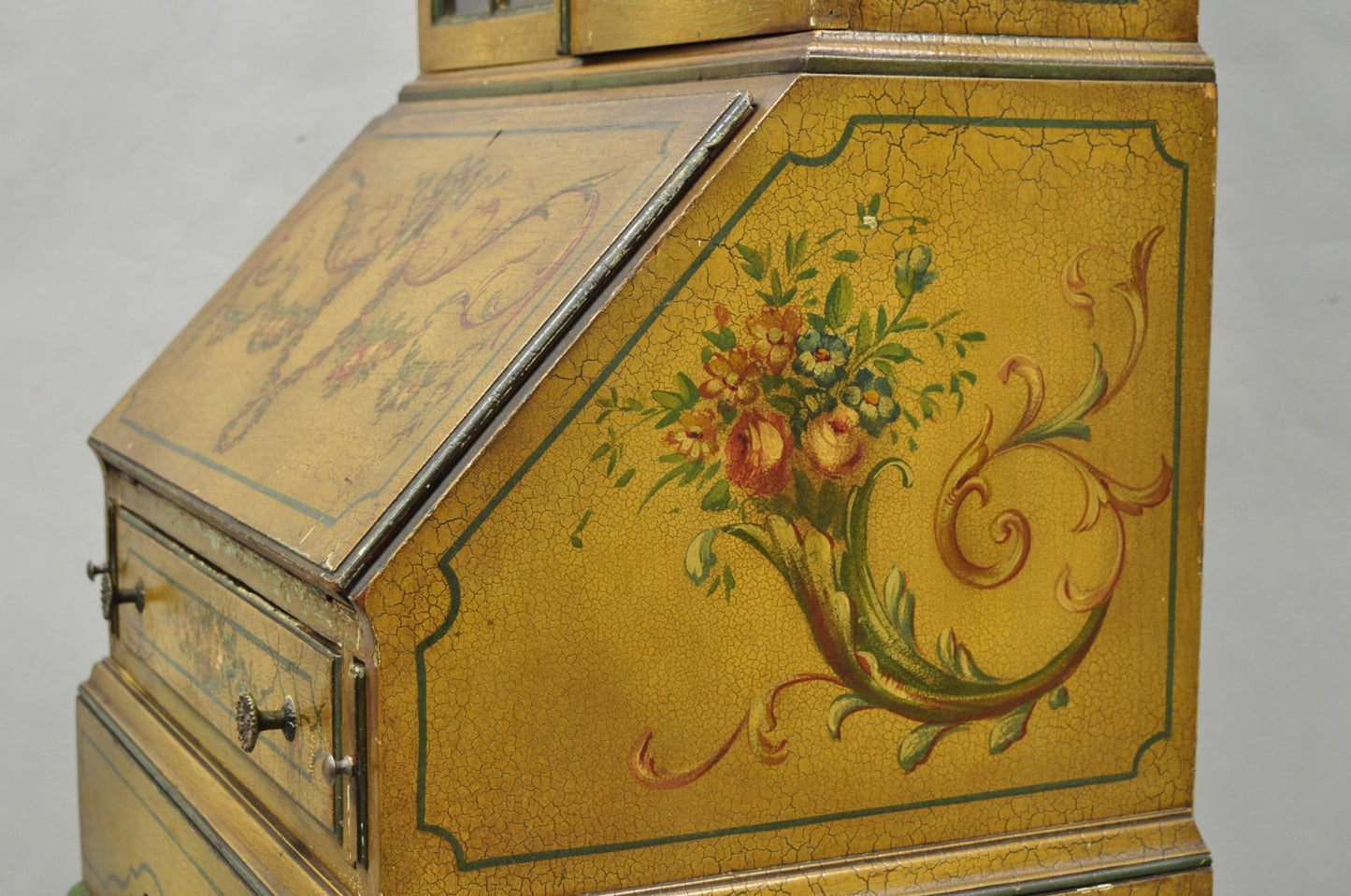 Antique English Adams Style Distress Hand Painted Narrow Secretary Writing Desk