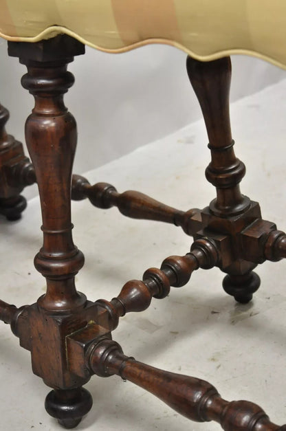 Antique Italian Renaissance Jacobean 6 Turn Carved Walnut Legs Upholstered Bench