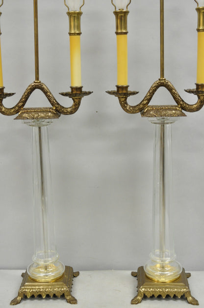 Vintage Chapman French Empire Glass Column Brass Candelabra Table Lamps - a Pair