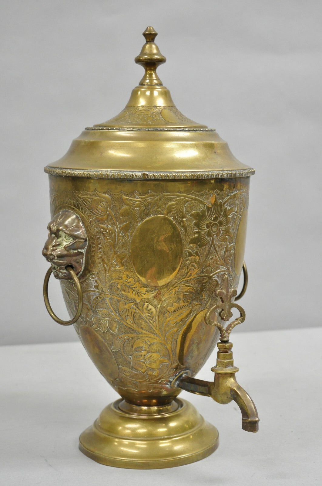 Antique Italian Renaissance Brass Floral Repousse Lions Samovar Drink Dispenser