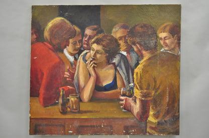 Vintage Patricia Stone "The Bar" Large Oil on Canvas Art Deco Painting, Signed