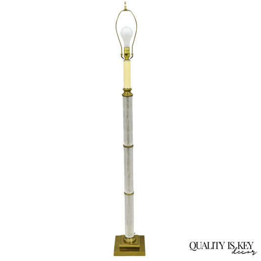 Vintage Neoclassical Style Floral Etched Glass Column Brass Reading Floor Lamp