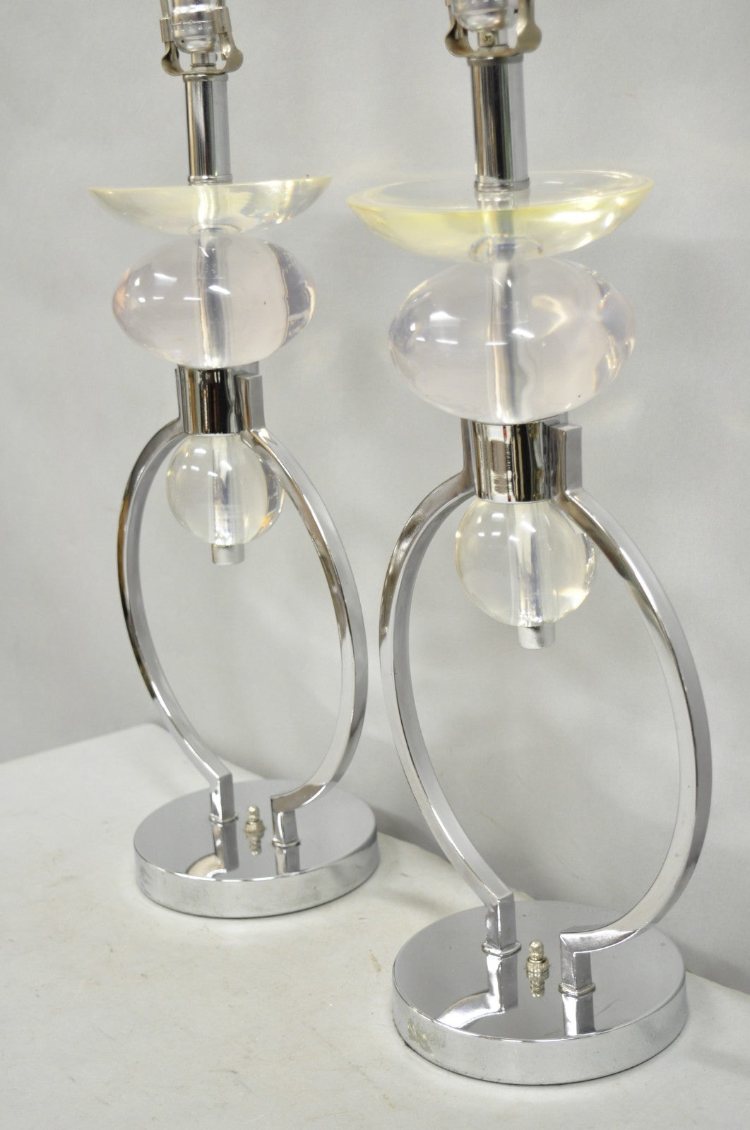 Vintage Postmodern MCM Hivo Van Teal Sculptural Lucite & Chrome Table Lamps Pair