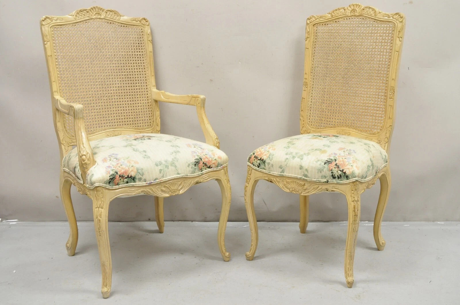 Vintage French Country Louis XV Style Cane Back Painted Dining Chairs - Set of 6