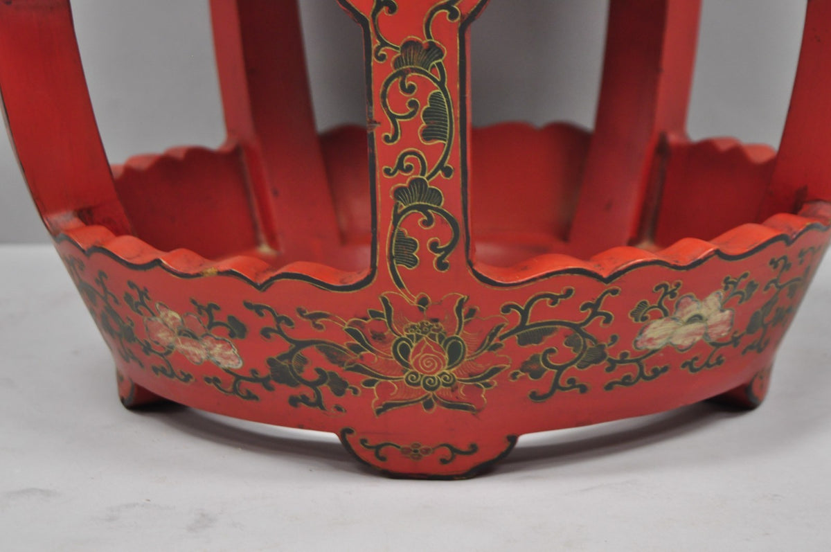 Vintage Chinoiserie Red Lacquer Plant Stand Garden Stool Drum Side Table (B)