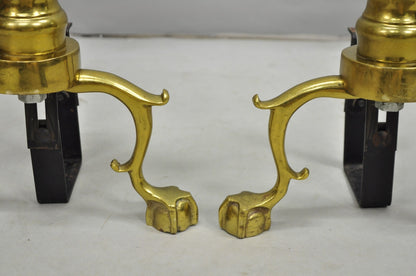 Vintage Federal Style Brass Branch Foot Gold Fireplace Andirons - a Pair
