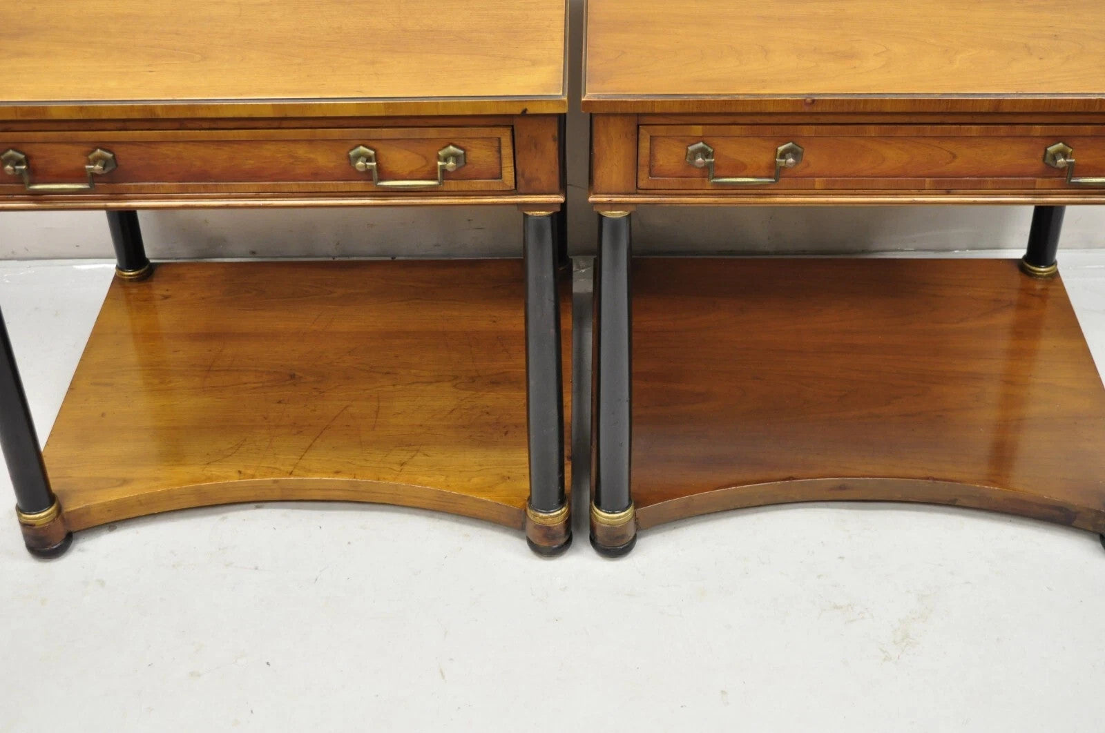 French Empire Cherry Wood Black Column 1 Drawer Lamp End Table by Heritage, Pair
