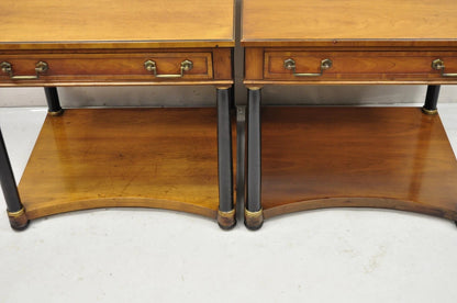 French Empire Cherry Wood Black Column 1 Drawer Lamp End Table by Heritage, Pair