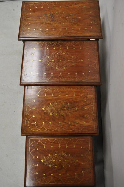 Antique Anglo Indian Brass Marquetry Inlay Nesting Side End Tables - Set of 4