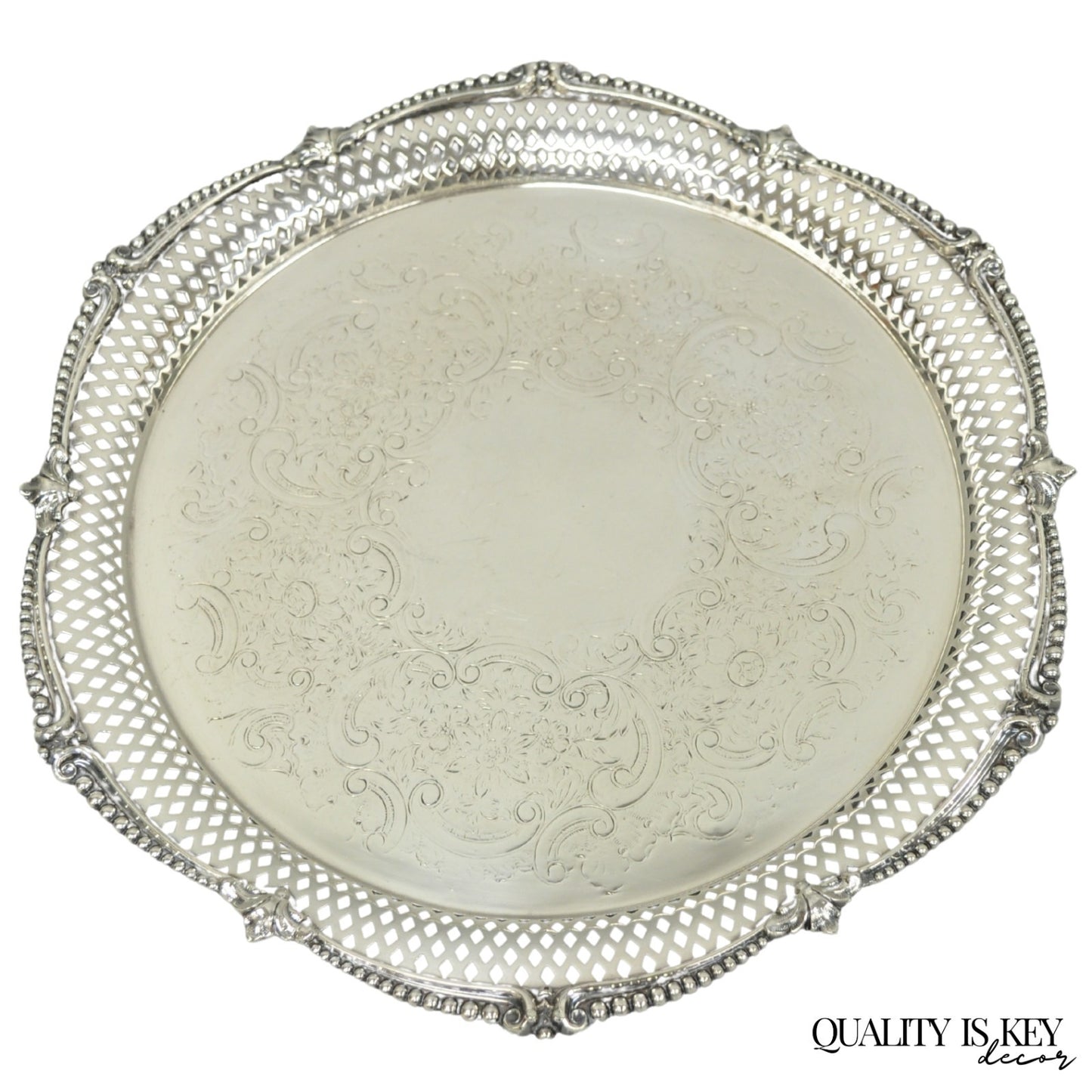 Vintage Barker Ellis English Edwardian Silver Plated Pierced Round Platter Tray