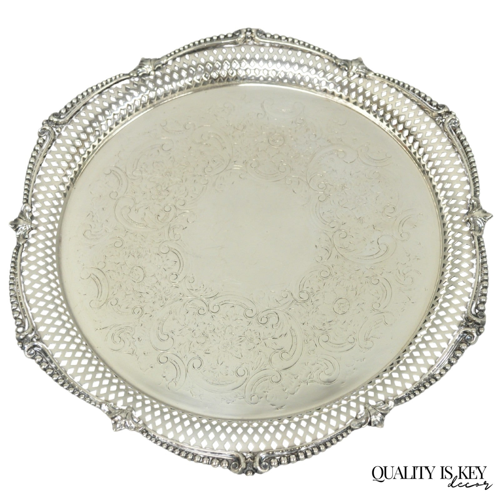 Vintage Barker Ellis English Edwardian Silver Plated Pierced Round Platter Tray