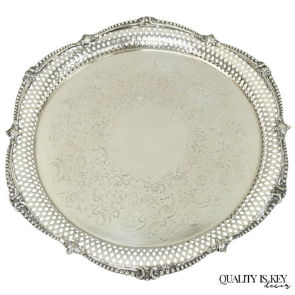 Vintage Barker Ellis English Edwardian Silver Plated Pierced Round Platter Tray
