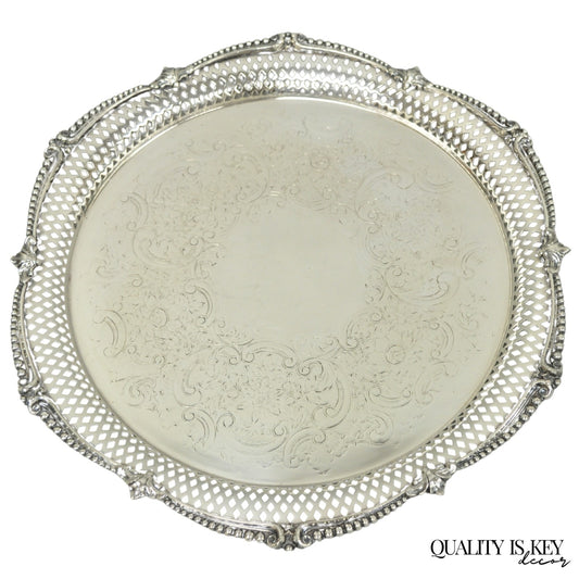 Vintage Barker Ellis English Edwardian Silver Plated Pierced Round Platter Tray