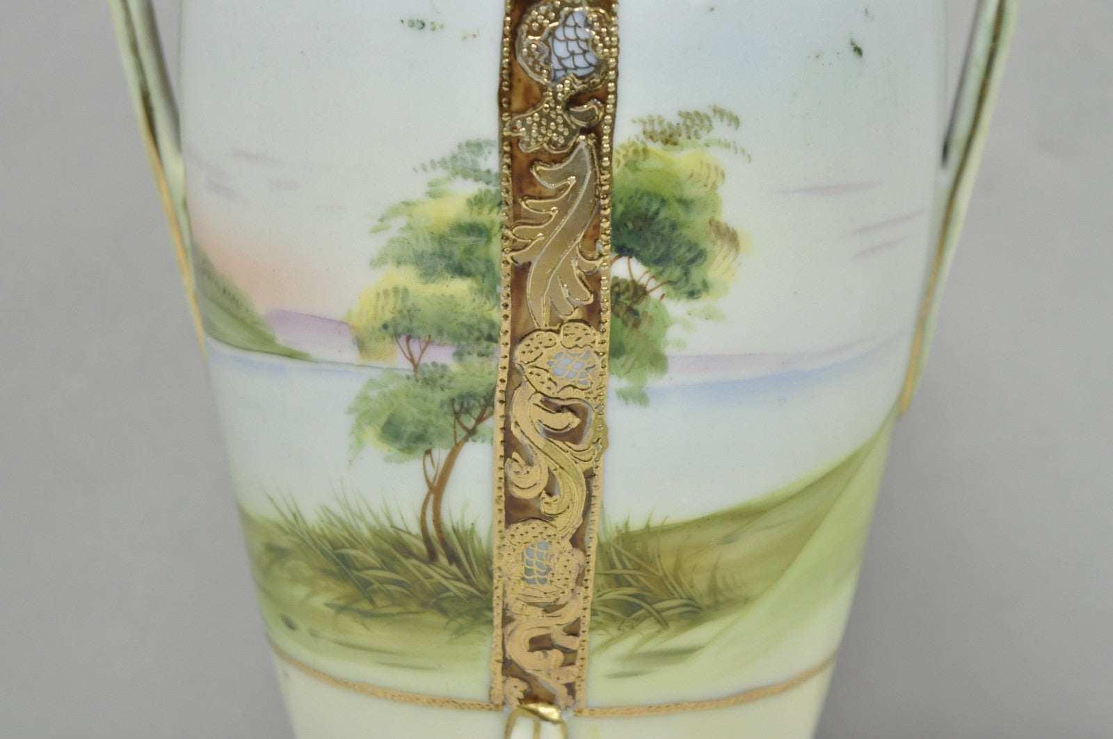 Antique Nippon Hand Painted Porcelain Twin Handled Vase w/ Swan & Lake Scene