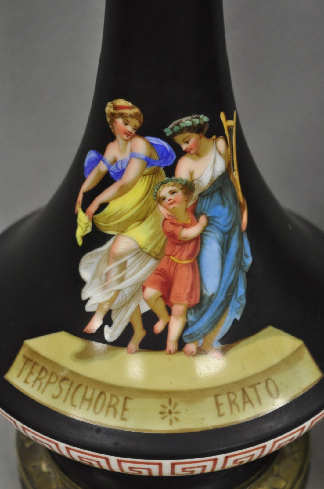 Antique French Neoclassical Bronze & Black Porcelain Painted Table Lamps - Pair