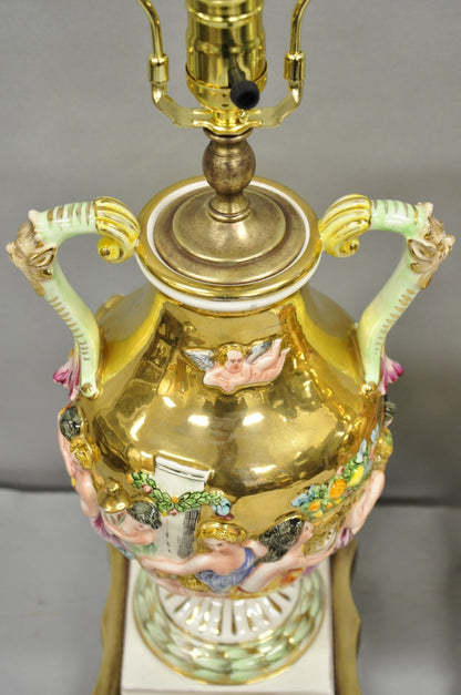 Antique Capodimonte Figural Porcelain Twin Handle Urn Gold Vase Table Lamps Pair