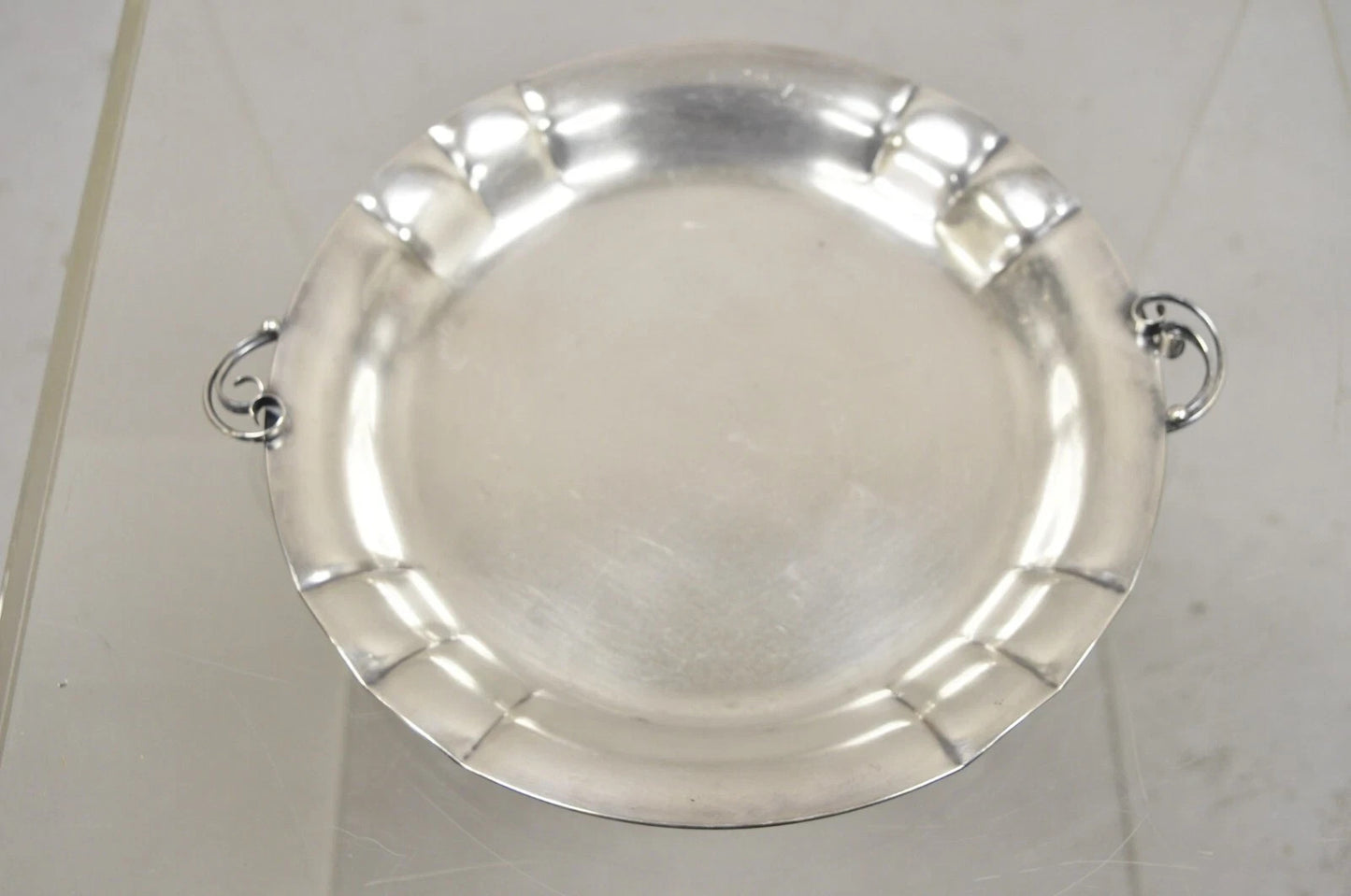 Vintage Denmark Art Nouveau Round Silver Plated Dish with Scrolling Handles