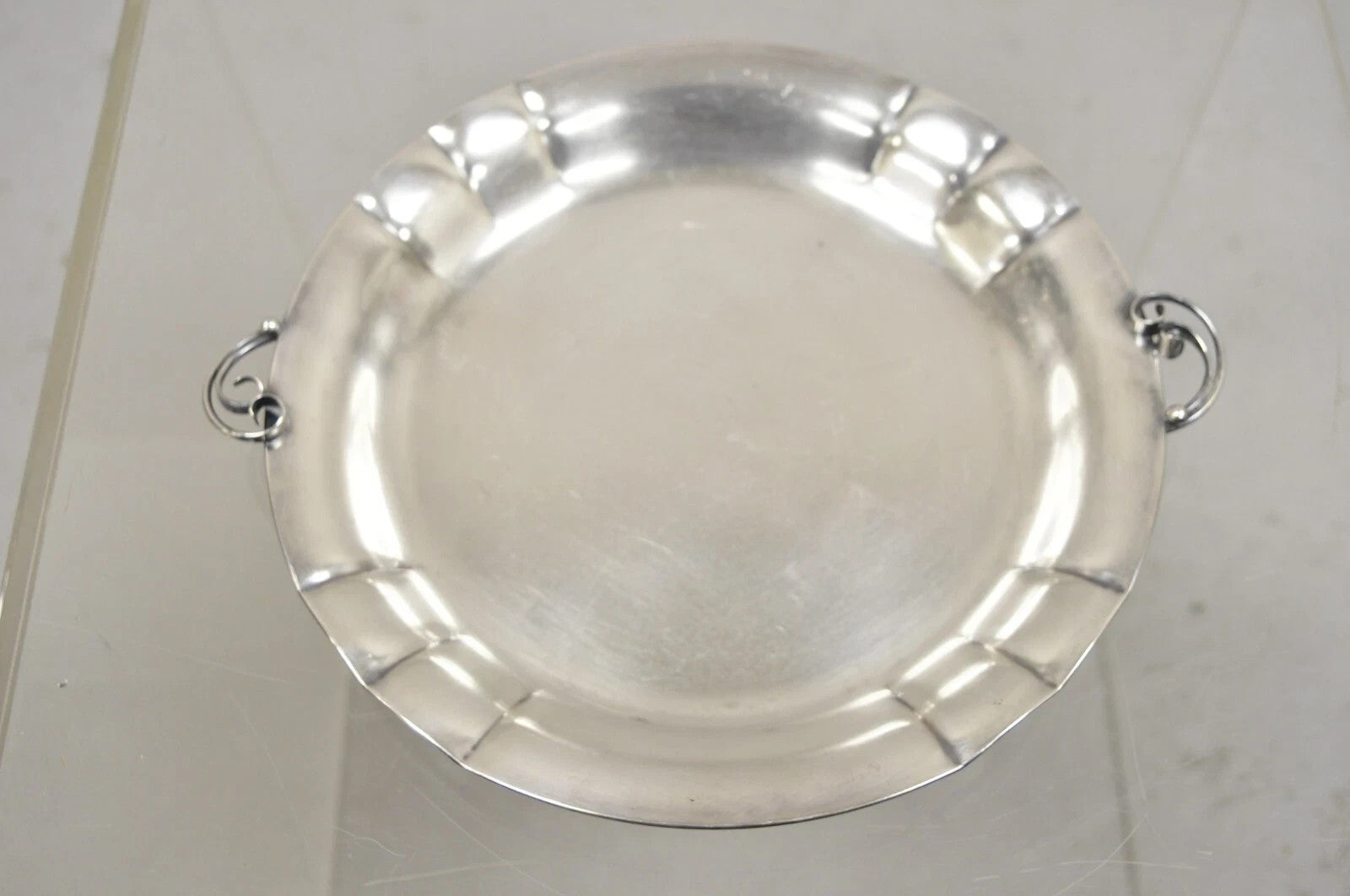 Vintage Denmark Art Nouveau Round Silver Plated Dish with Scrolling Handles