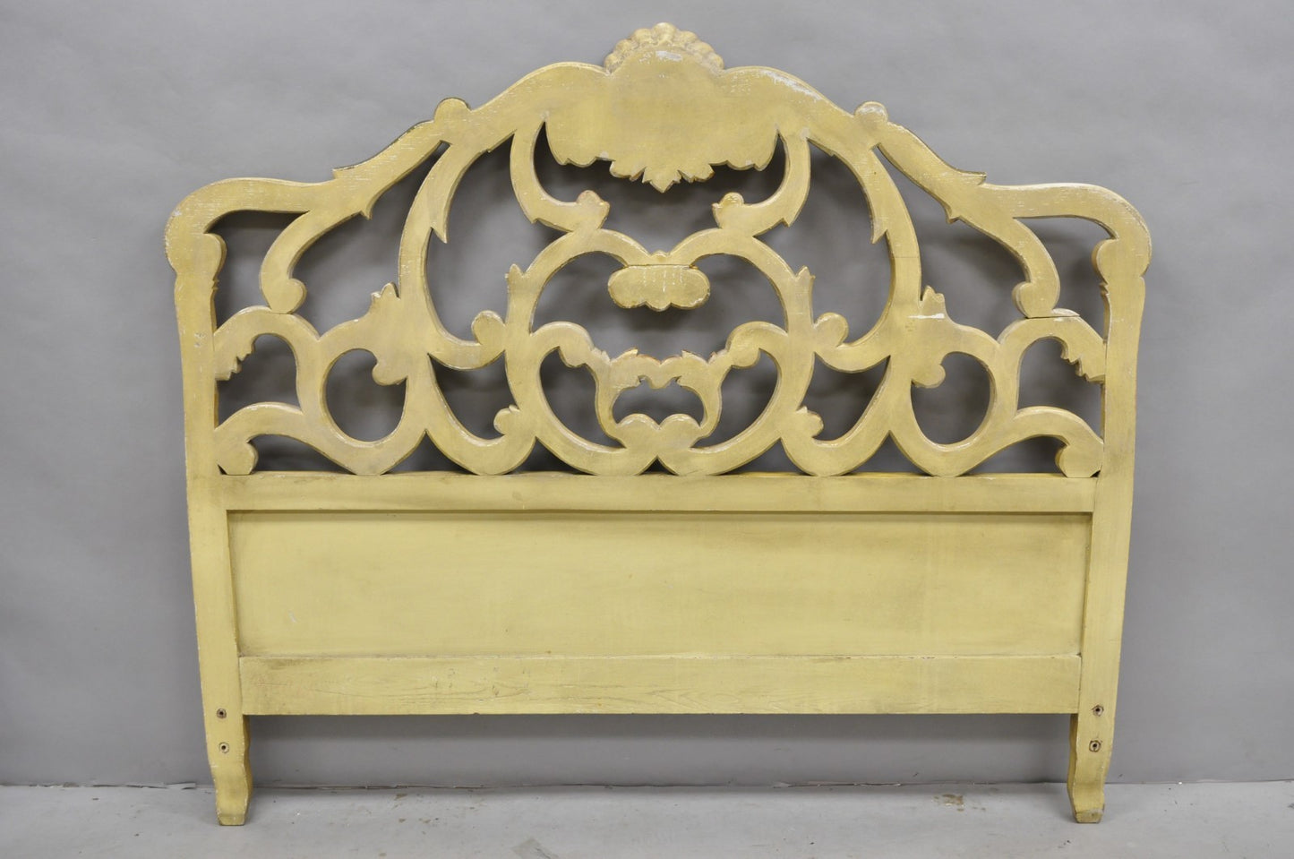 Vintage French Rococo Distressed Cream Painted Queen Size Wood Bed Headboard