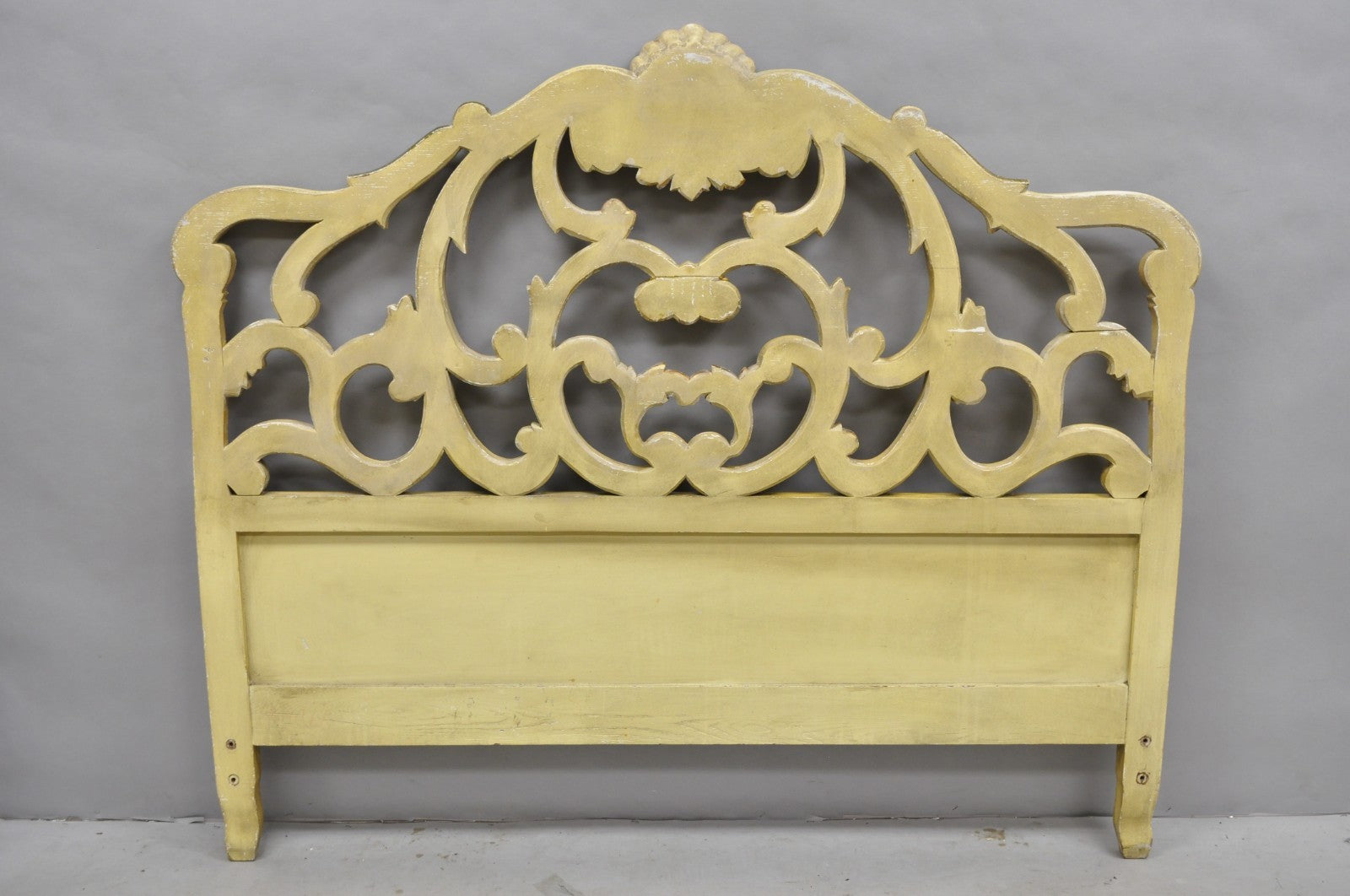 Vintage French Rococo Distressed Cream Painted Queen Size Wood Bed Headboard