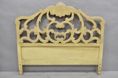 Vintage French Rococo Distressed Cream Painted Queen Size Wood Bed Headboard