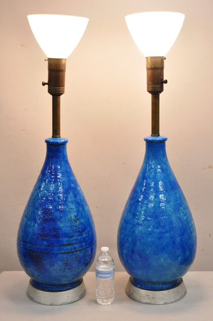 Large Italian Mid Century Modern Blue Lava Glazed Ceramic Table Lamps - a Pair