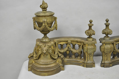 Antique French Empire Patinated Bronze Lion Flame Urn Chenet Andirons - a Pair