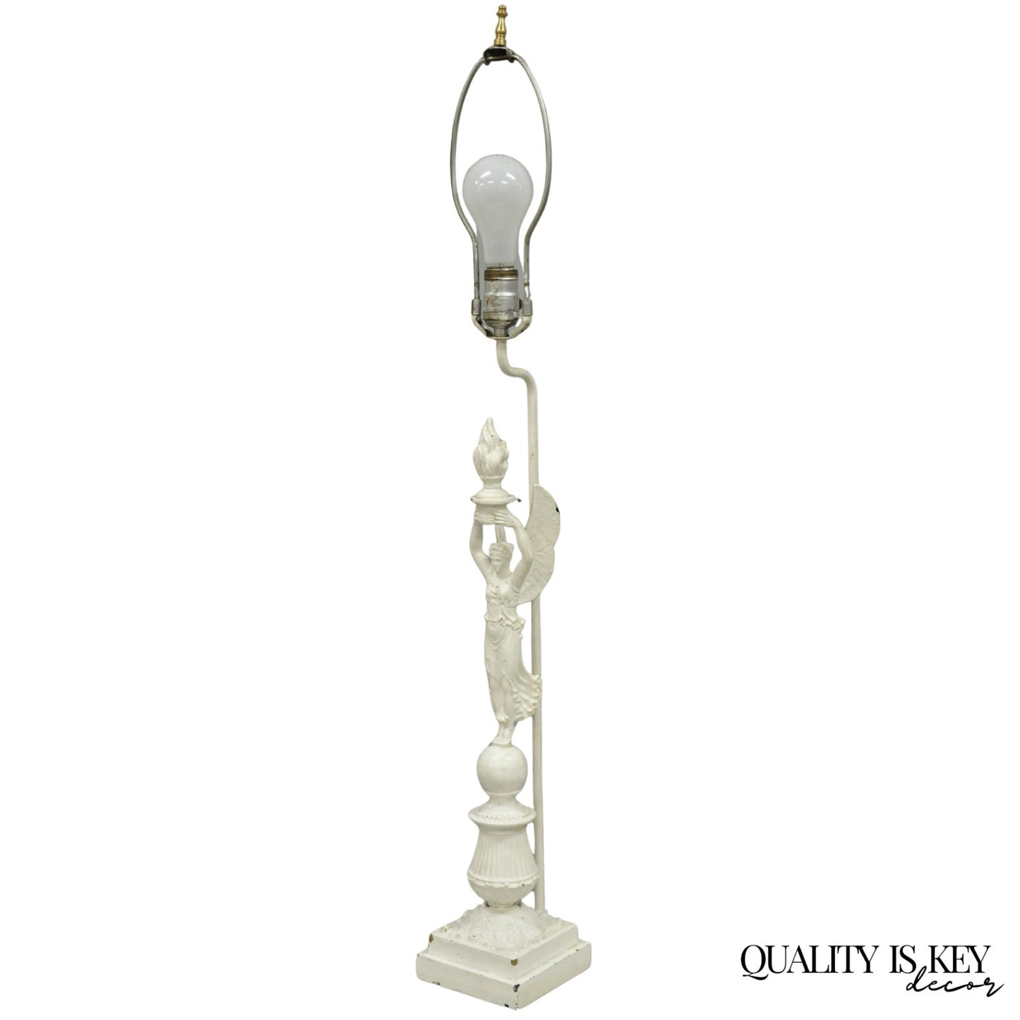 Antique French Neoclassical Metal Figural Winged Maiden Flame White Table Lamp