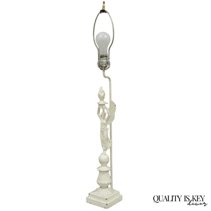 Antique French Neoclassical Metal Figural Winged Maiden Flame White Table Lamp