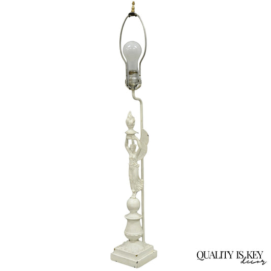 Antique French Neoclassical Metal Figural Winged Maiden Flame White Table Lamp