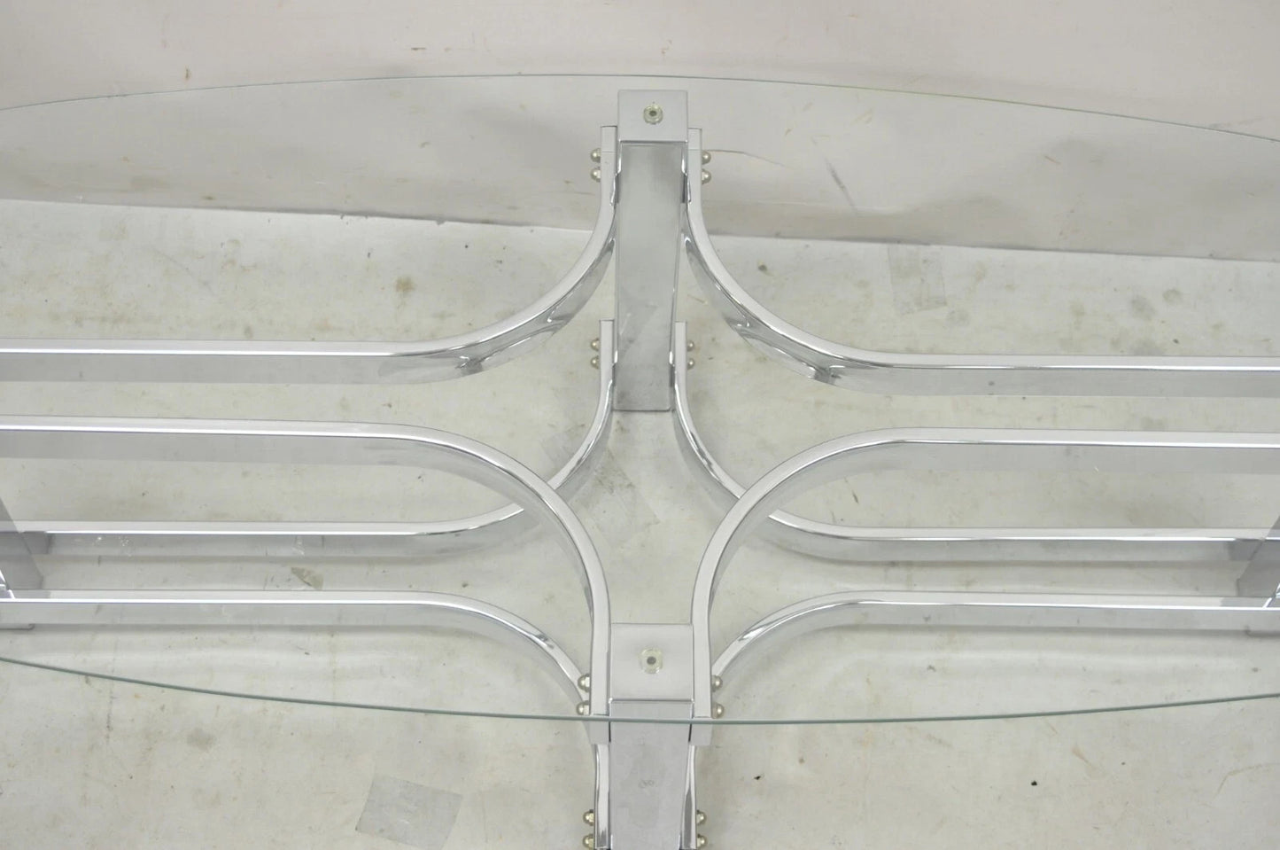 Vintage Mid Century Modern Oval Glass Top Sculptural Chrome Frame Coffee Table