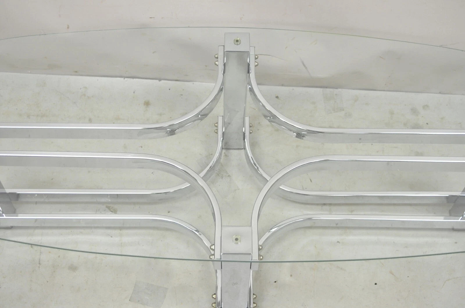 Vintage Mid Century Modern Oval Glass Top Sculptural Chrome Frame Coffee Table