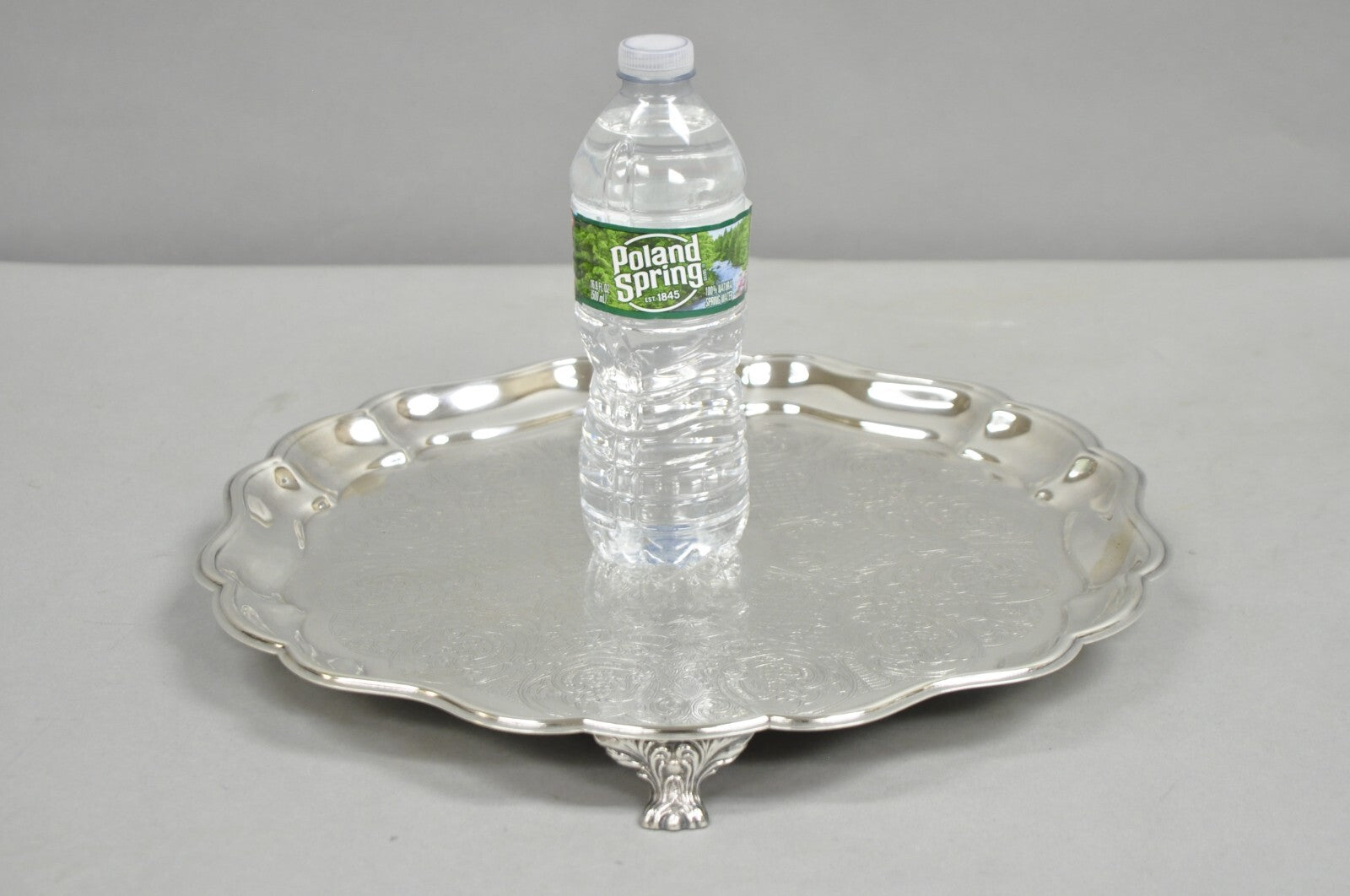 Vintage Sheridan Victorian Silver Plated Footed Round Serving Platter Bar Tray