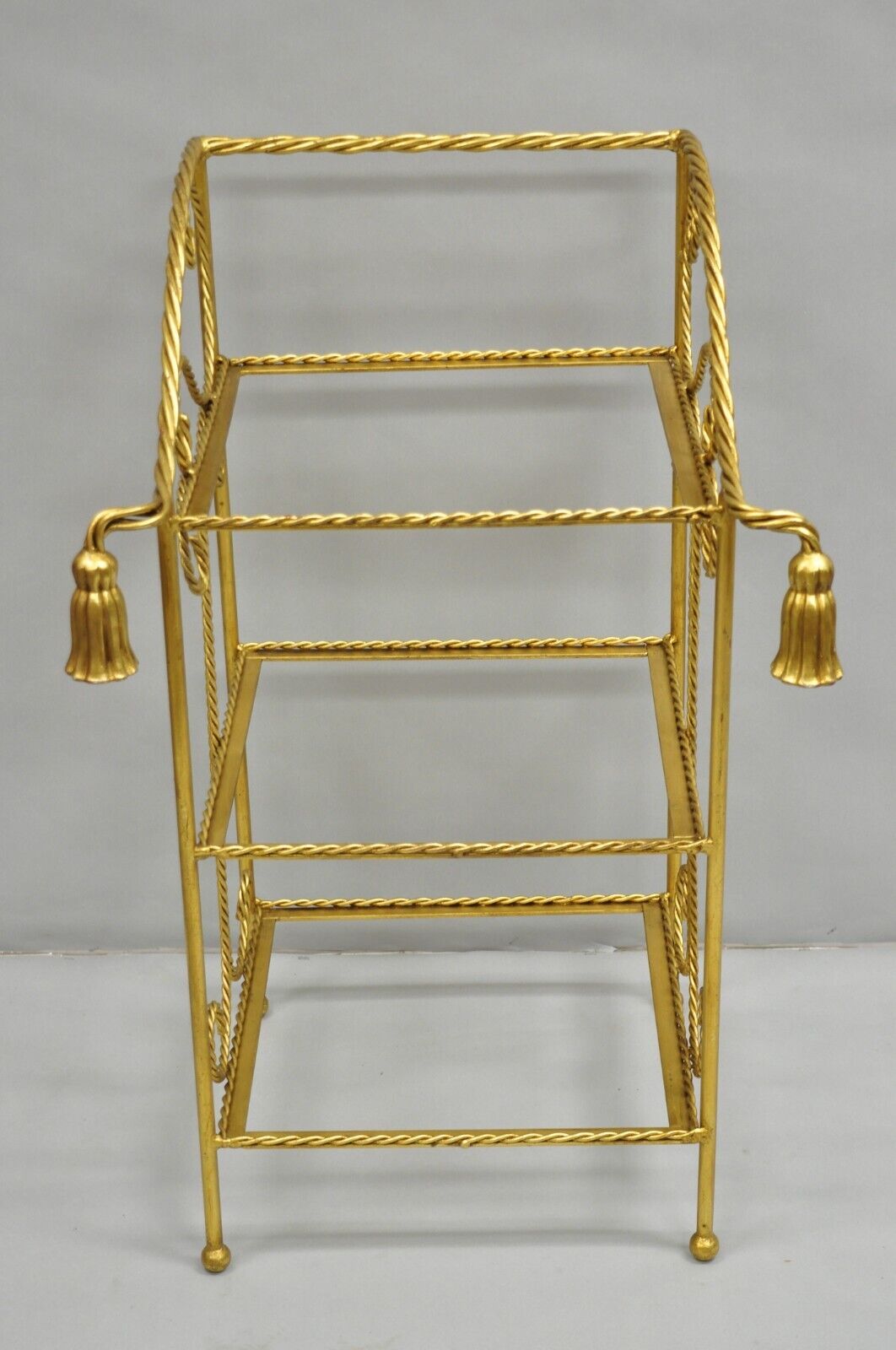 Italian Hollywood Regency Gold Gilt Iron Tassel 3 Tier Etagere Towel Rack Stand