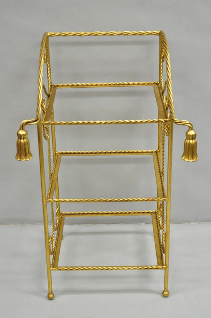 Italian Hollywood Regency Gold Gilt Iron Tassel 3 Tier Etagere Towel Rack Stand