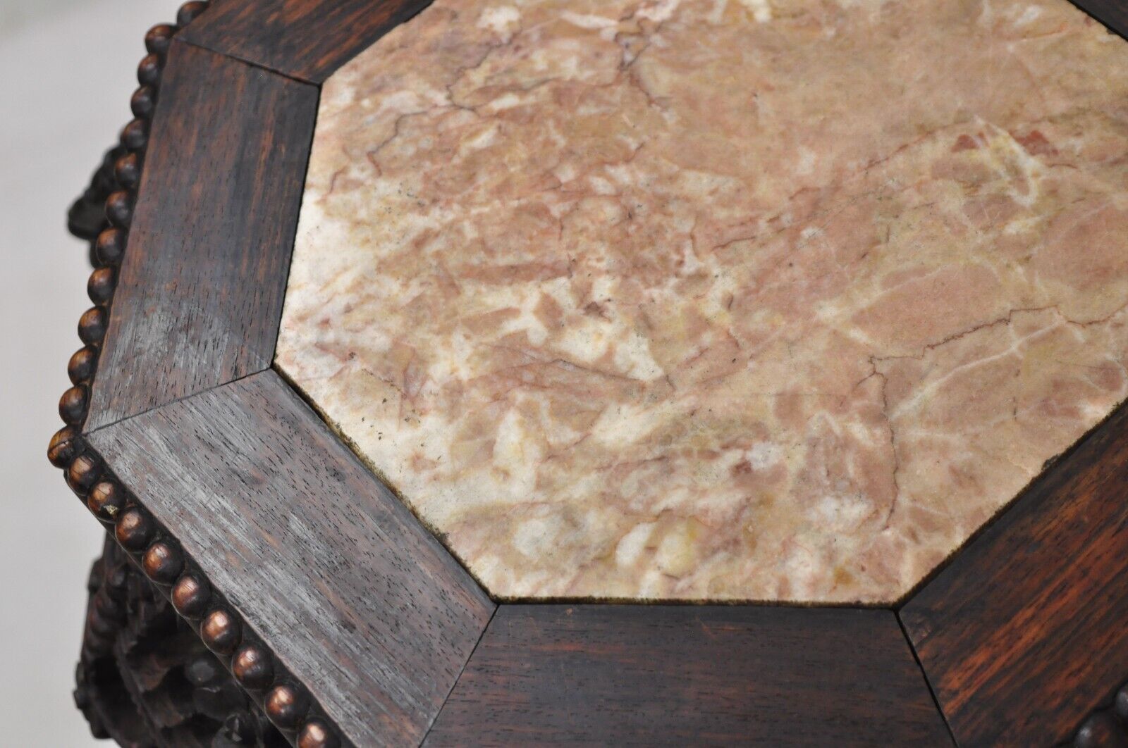 Antique Chinese Carved Hardwood Marble Top Oriental Plant Stand Side Table