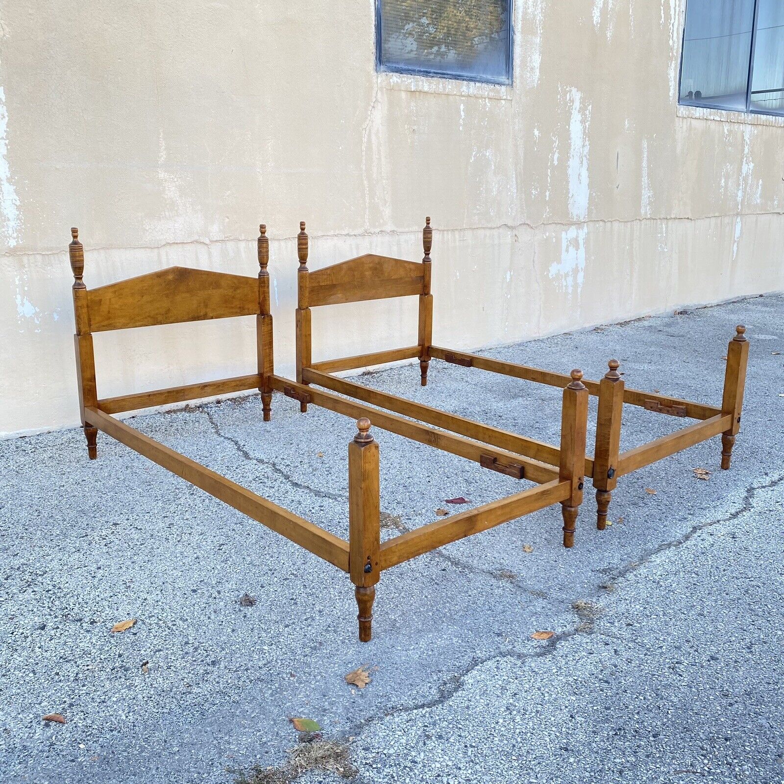 Antique Hitchcock Style Maple Wood Single Twin Bed Frames w/ Urn Finial - a Pair