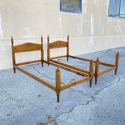 Antique Hitchcock Style Maple Wood Single Twin Bed Frames w/ Urn Finial - a Pair