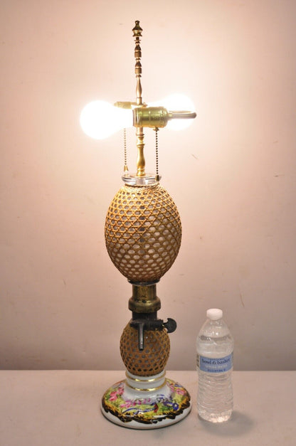 Antique French Victorian Rattan Wrapped Blown Glass Seltzer Bottle Table Lamp