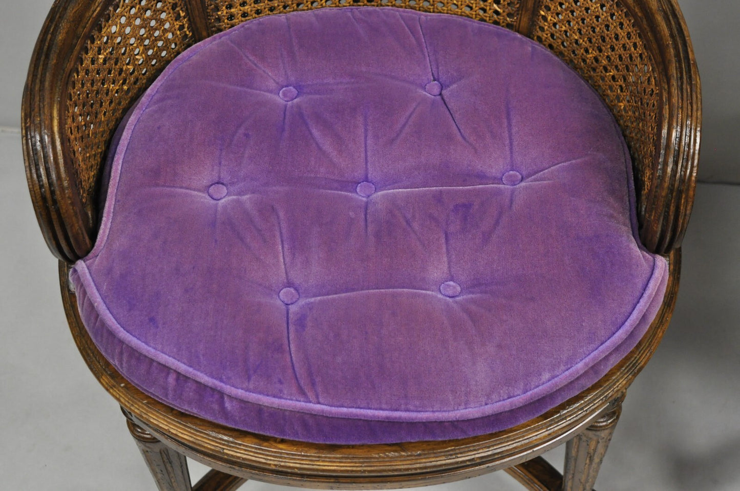 Vintage French Louis XVI Style Cane Balloon Back Walnut Arm Chairs - a Pair